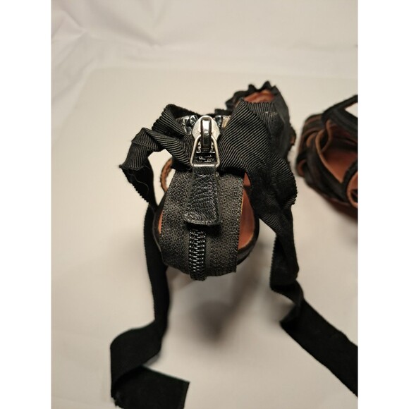 LANVIN Size 37.5 EU/7 US  Black Satin Strappy 3.75" Stiletto Sandals Ribbon Bow - Picture 7 of 12